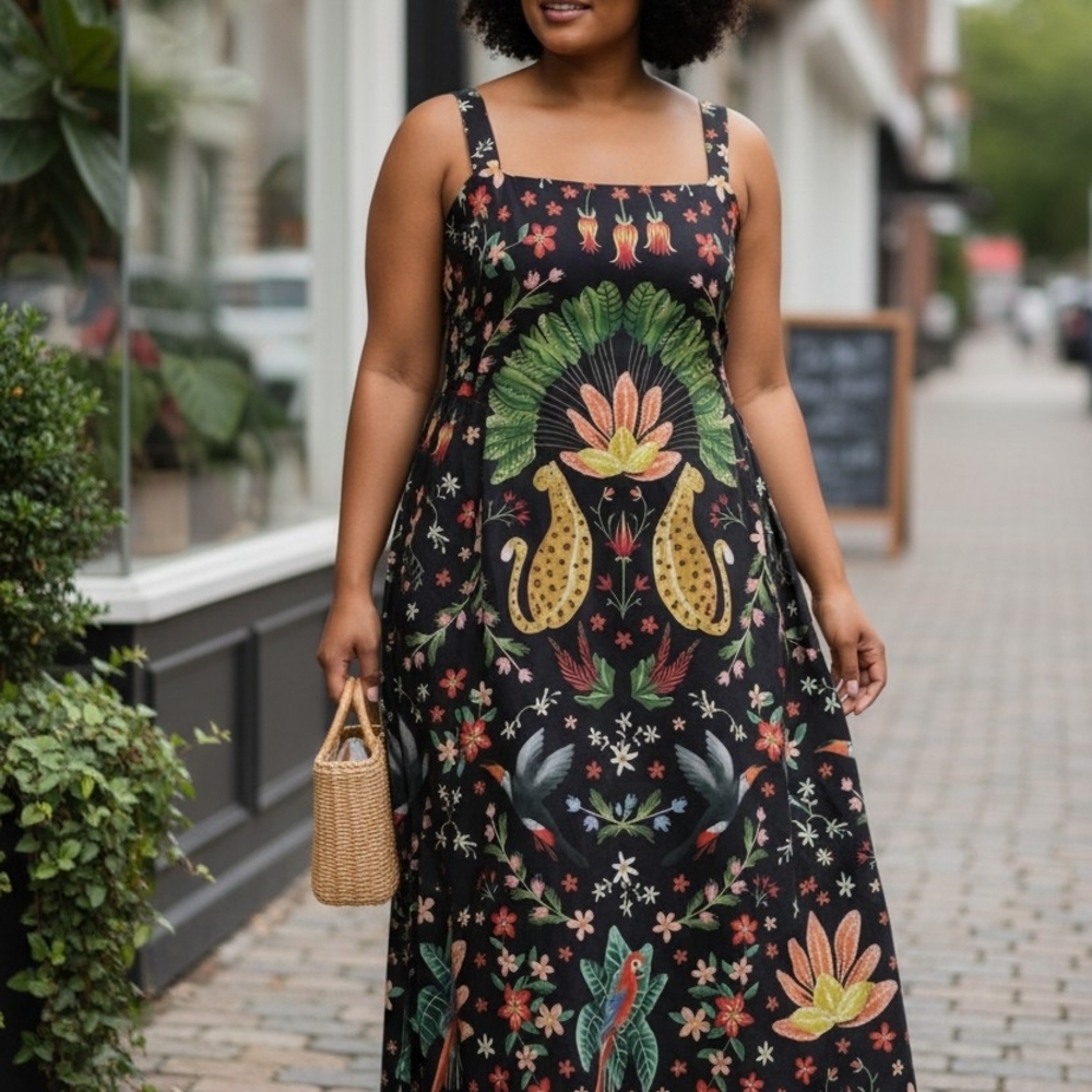 Averie Bĺaise Tropical Jungle Print Midi Sundress XXL Leopard Bird Floral Dress